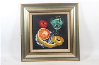 A still life painting of citrus fruits and a glass in a gold frame.