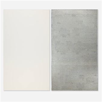A minimalist diptych featuring a blank canvas and a grid pattern.