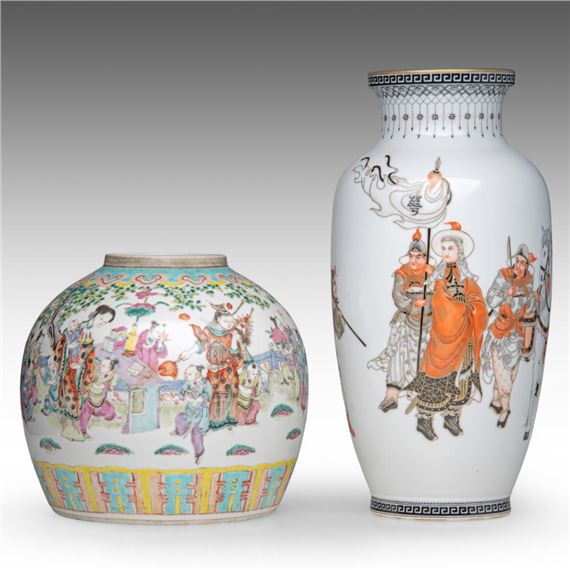 A Chinese famille rose 'Playful Boys' ginger jar, 19thC, H 22,5 cm - added a black and iron-red 'Warriors' vase, marked, 20thC, H 36 cm by Chinese School, 19th Century, 19thC