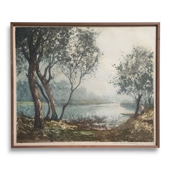 Personnage et sa barque près de l'étang - Paul Emile Lecomte