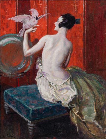 a beauty with a cockatoo in an interior - Leo Fontan