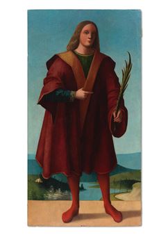 Saint Julian holding a palmette before a landscape unframed - Emilian School, 16th Century