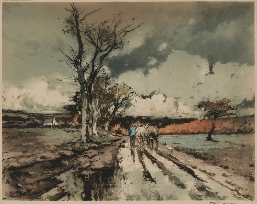Artwork by Ferdinand-Jean Luigini, Figure and horse cart in a French landscape, Made of Etching And Aquatint In Colors On Paper