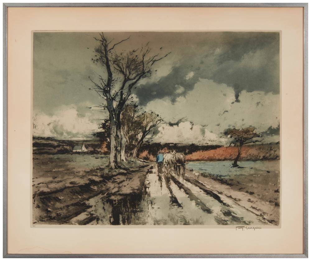 Artwork by Ferdinand-Jean Luigini, Figure and horse cart in a French landscape, Made of Etching And Aquatint In Colors On Paper