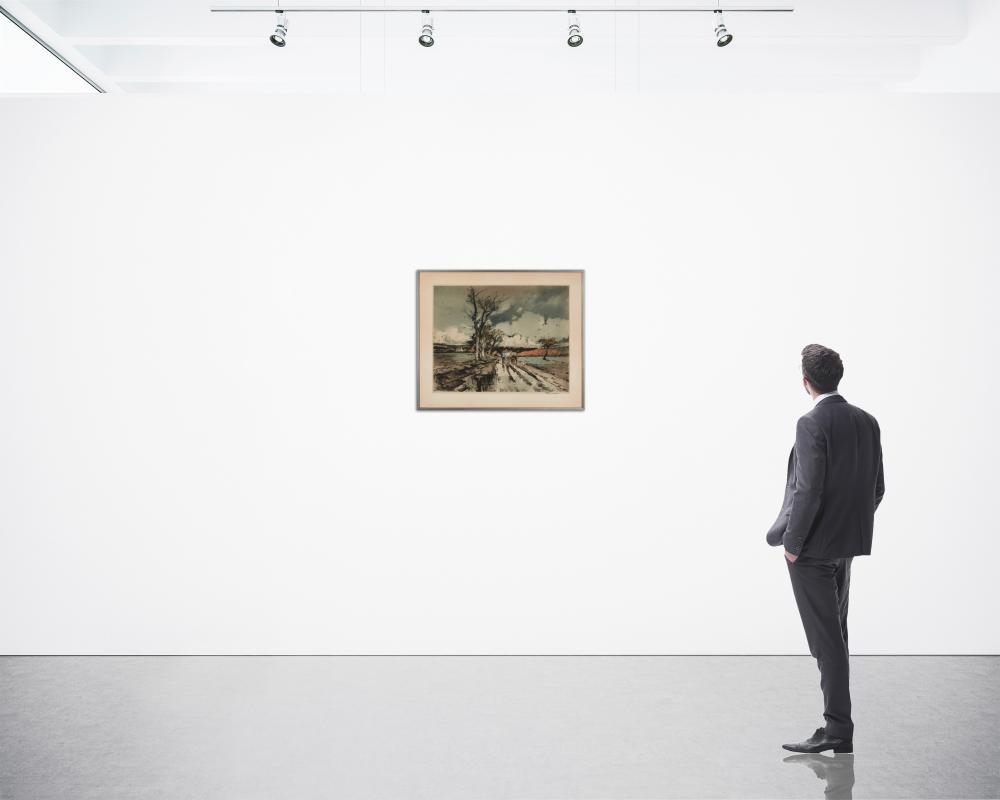 Artwork by Ferdinand-Jean Luigini, Figure and horse cart in a French landscape, Made of Etching And Aquatint In Colors On Paper