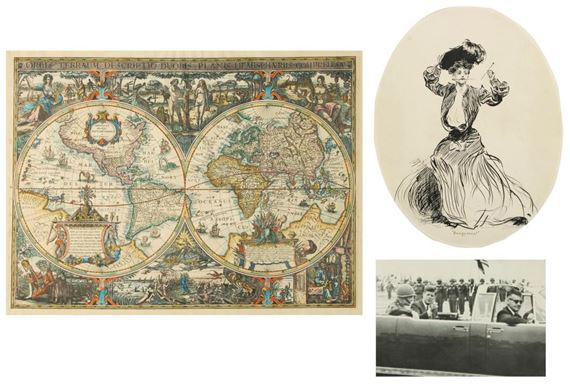 A miscellaneous group of works on paper including a photograph, lithograph, and hand-colored map - Charles Dana Gibson