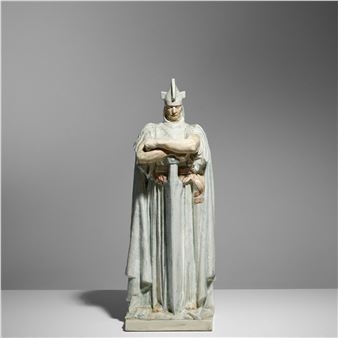 Figure of a Warriorcirca 1930glazed earthenware, signed in gilding 'LACHENAL CERAMISTE', impressed 'JEAN-BOUCHER', impressed numeral '87'height 24in (61cm); width 8in (20.3cm); depth 8in (20.3cm - Jean Marie Boucher