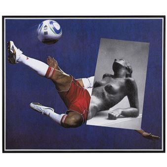 A surreal composition blending a soccer player mid-air with a classical statue against a deep blue background.