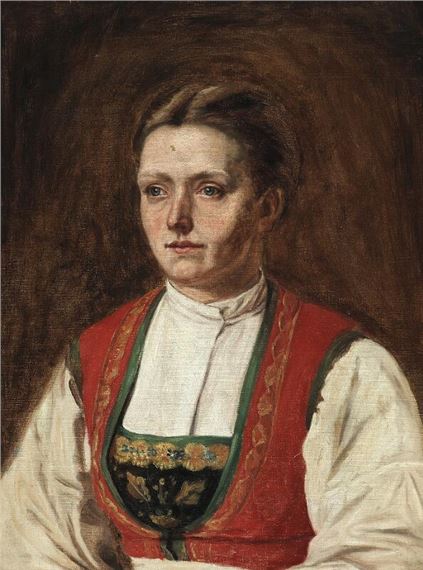Portrait of a young woman in traditional dress by Jørgen Roed, 1868