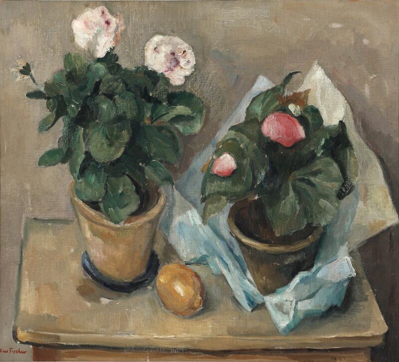 Artwork by Carl Fischer, Still life with potted plants and an orange on a table, Made of Oil On Canvas