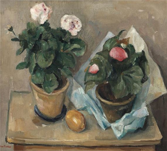 Still life with potted plants and an orange on a table by Carl Fischer