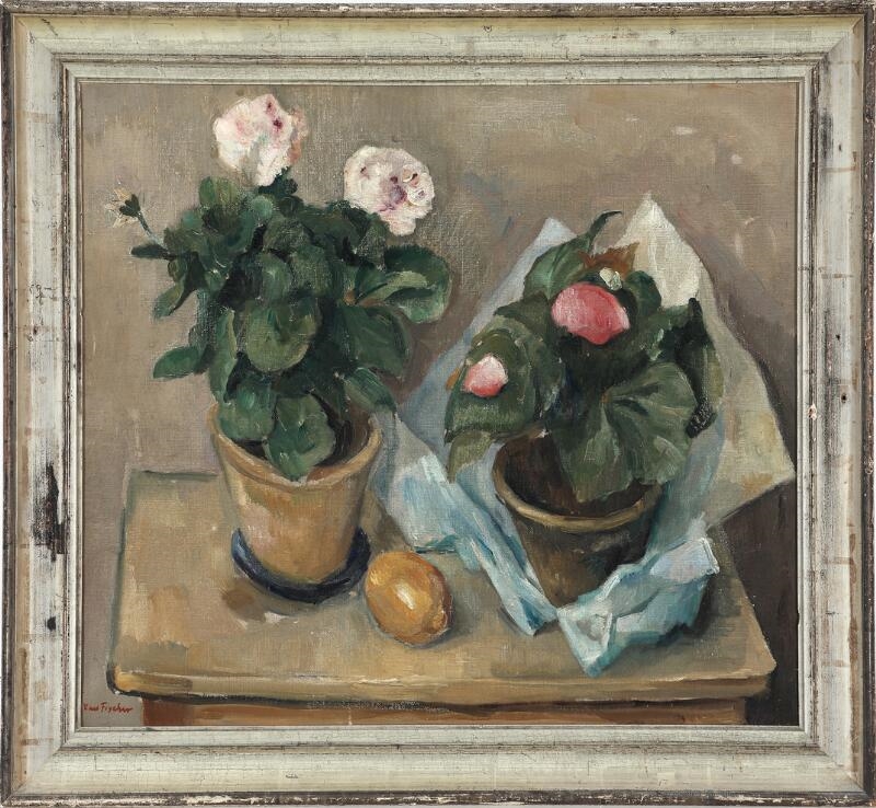 Artwork by Carl Fischer, Still life with potted plants and an orange on a table, Made of Oil On Canvas