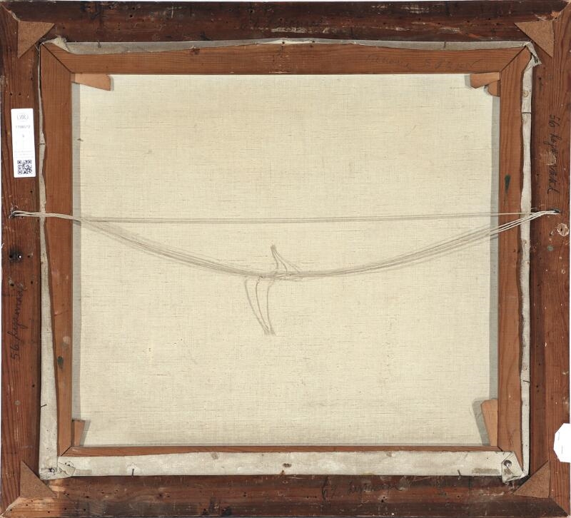 Artwork by Carl Fischer, Still life with potted plants and an orange on a table, Made of Oil On Canvas