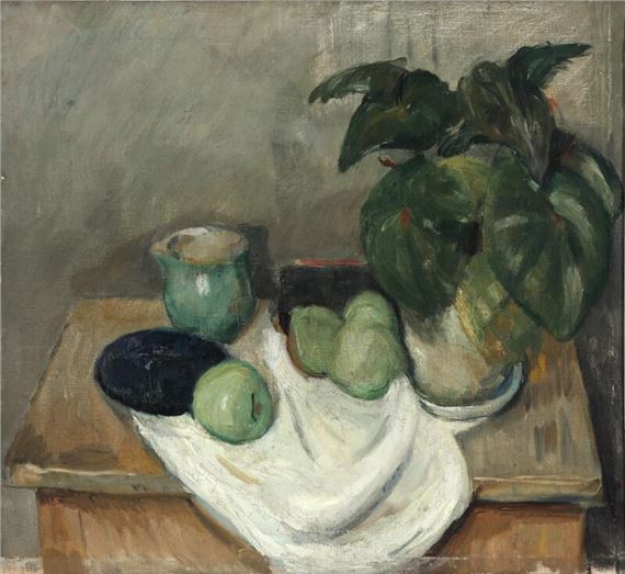 Still life with pears and a plant on a dresser