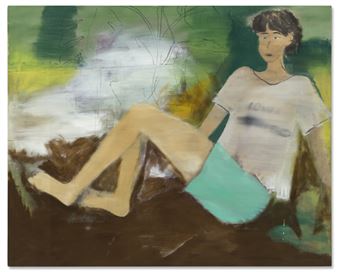 A figure sits in a relaxed pose against an abstract, textured background.
