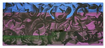 A vibrant abstract composition featuring swirling organic shapes in bold colors against a flag-like background.