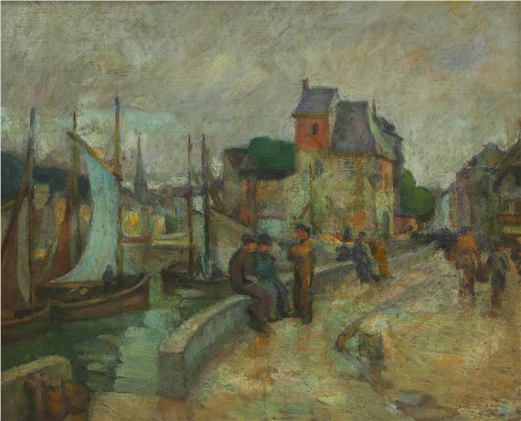 Figures seated on a harbour wall by Maurice Grün