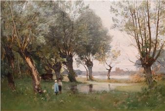 Children Conversing at a River's Edge - Paul Emile Lecomte
