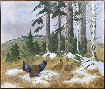 Wintergezicht met auerhaan en hennen - Carl Deiker