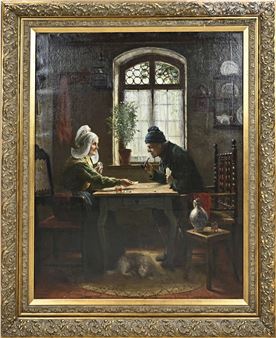 Hollands interieur met kaart-spelend boeren stel - Johan Arnoldus Heijermans