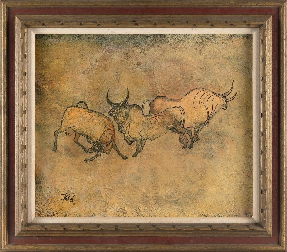 Artwork by Khalid Al Rahal, Three bulls, Made of Oil On Board