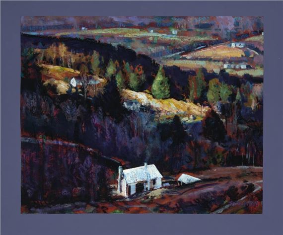 A moody landscape painting of a white house nestled in dark hills under a twilight sky.