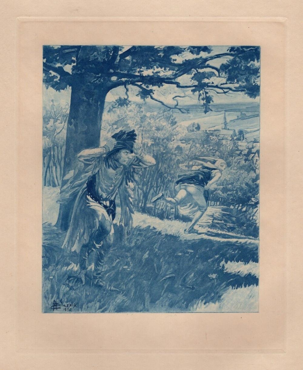 Artwork by Edmond Malassis, R. Lorrain, Pris avec votre Pantalon Baisse, Made of Copper Plate Engraving In Blue Ink On Velin Paper
