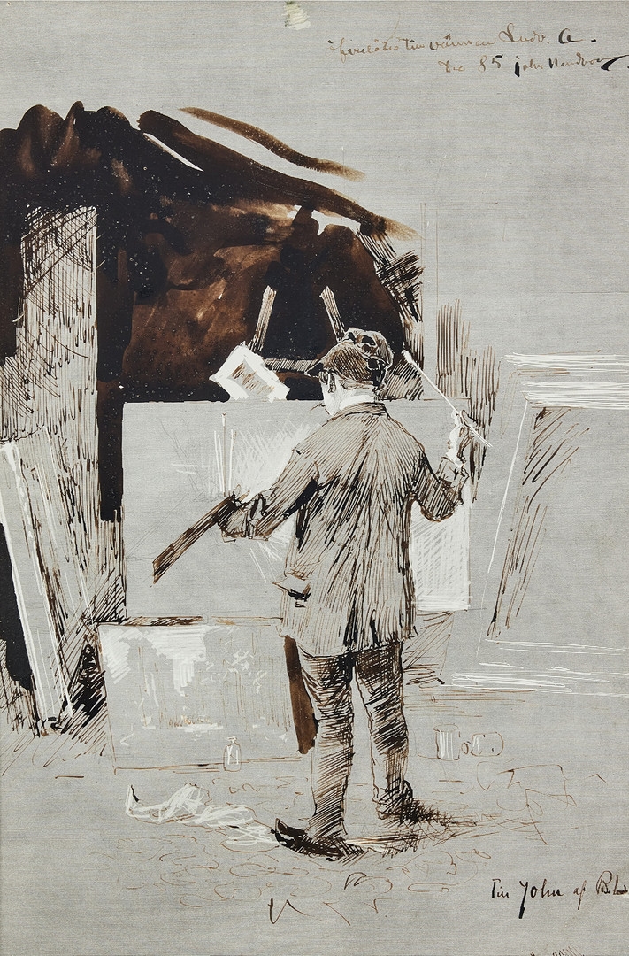 Artwork by Bruno Liljefors, John Kindborg i sin ateljé, Made of Tusch och täckvitt på papper