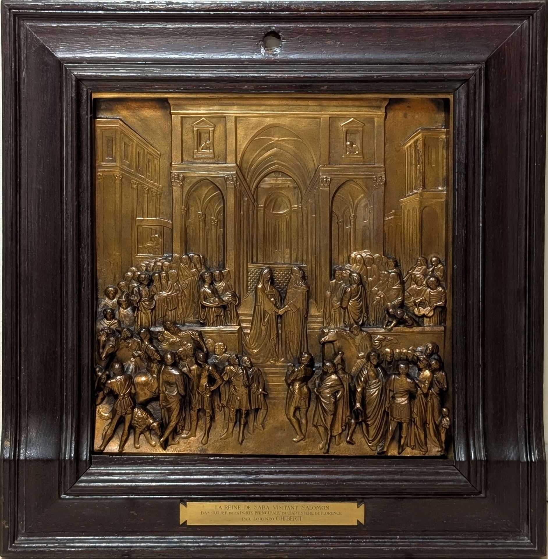 Artwork by Lorenzo Ghiberti, Ferdinand Barbedienne, "The Queen of Sheba visiting Solomon", Made of High relief in bronze with golden and brown patina, after a panel