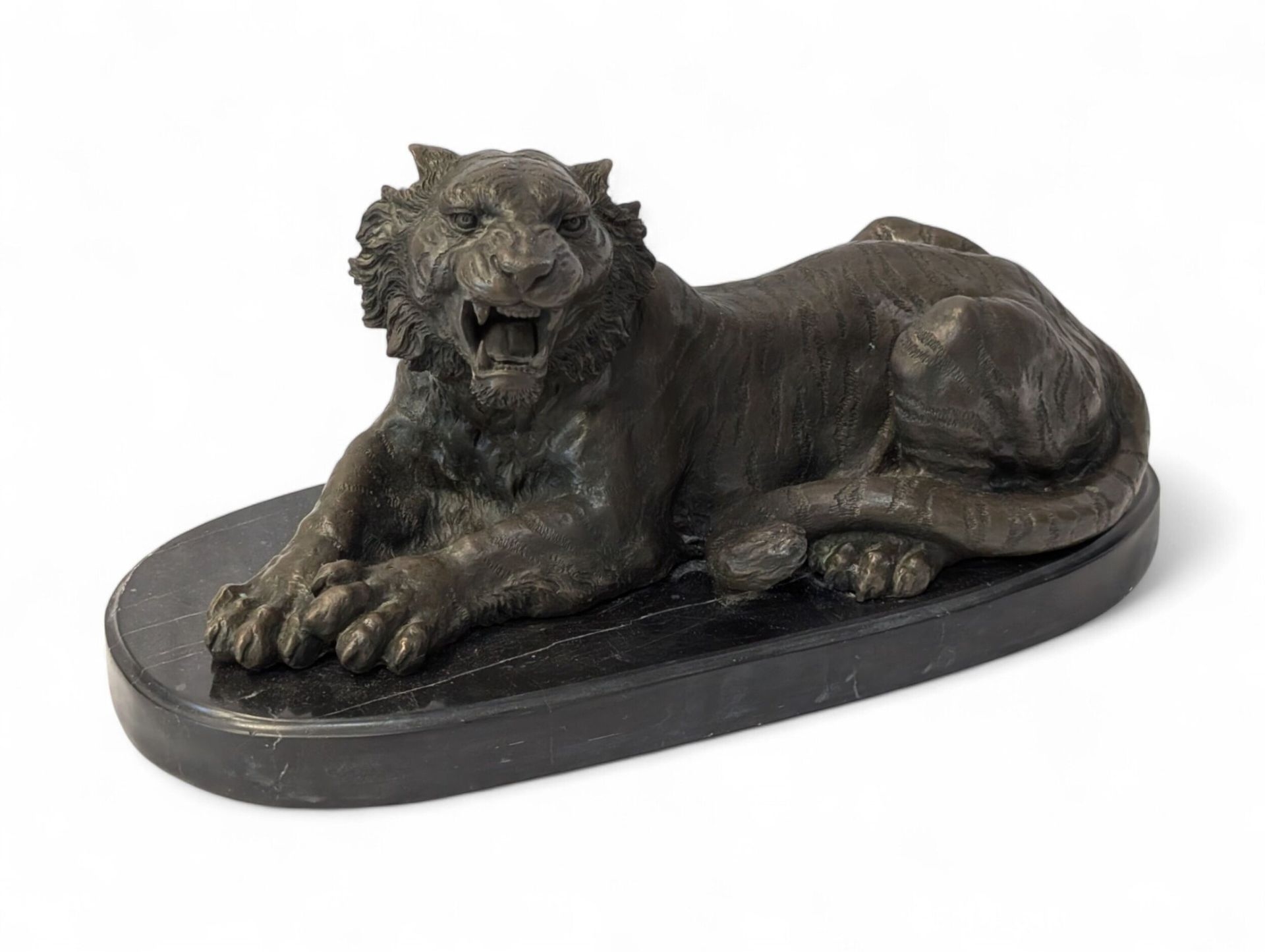 Artwork by Miguel Fernando López (Milo), Roaring Tiger, Made of Brown patina bronze proof on oval black marble base