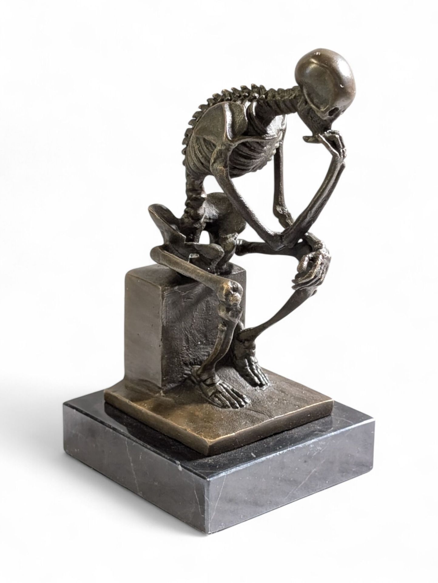 Artwork by Miguel Fernando López (Milo), "The Skeleton of Rodin's Thinker", Made of Brown patina bronze proof on black marble base