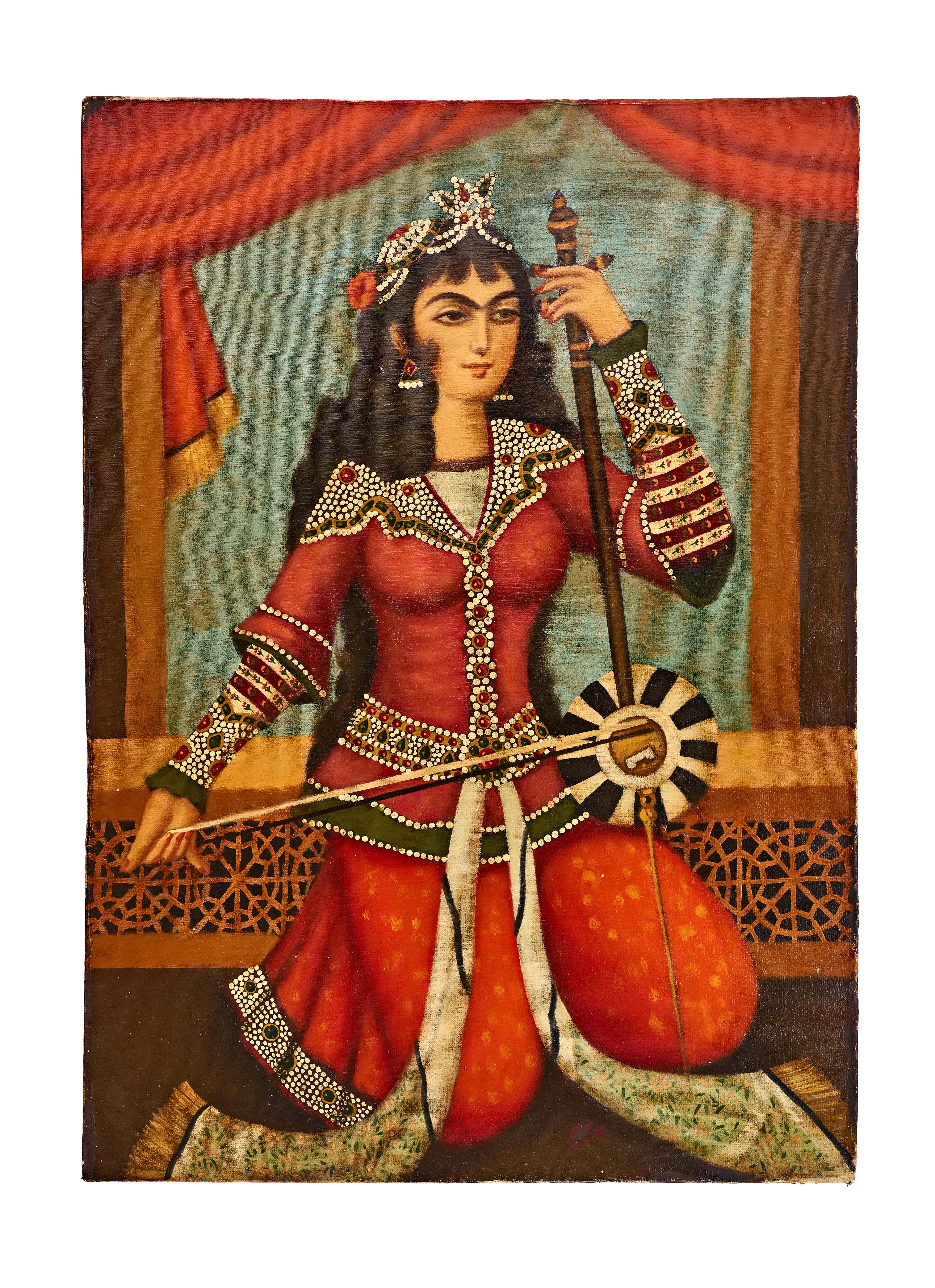 Artwork by Persian School, A Persian Painting Depicts a Qajar Lady Playing a Musical Instrument, Made of Oil On Canvas