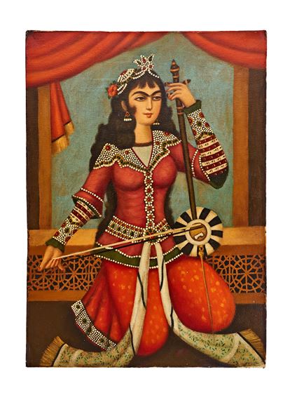 A Persian Painting Depicts a Qajar Lady Playing a Musical Instrument by Persian School