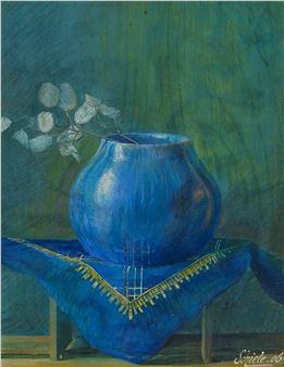 Stillleben eines Silberblattes in Blauer Vase (Still Life of a Moneyplant Branch in Blue Vase - Egon Schiele