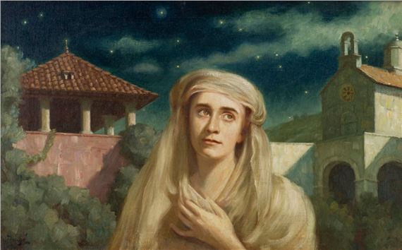 A contemplative figure in a night landscape with distant architecture and a starry sky.