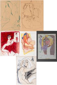 A collection of six abstract and semi-abstract drawings featuring stylized human figures in various poses.