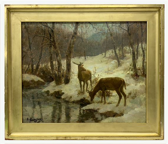 Carl Clemens Moritz Rungius | New England forest in Winter, deer at a ...