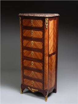 Semainier in rosewood and amaranth veneer with rounded jambs framing seven drawers decorated with curved reserves - Andre Antoine Lardin