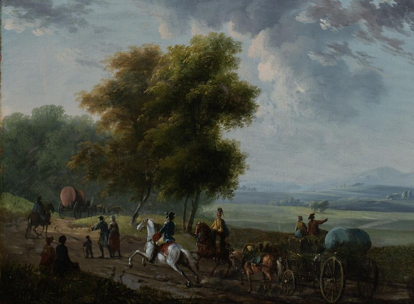 Artwork by Jean Duplessis-Bertaux, Hussars and their families following the troop route, Made of Oil paintings on panel (2)