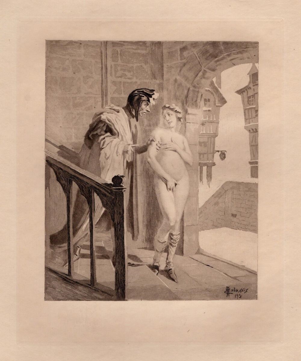 Artwork by Edmond Malassis, The Conversation III (La Conversation I, Made of Copper Plate Engraving In Black Ink On Velin Paper