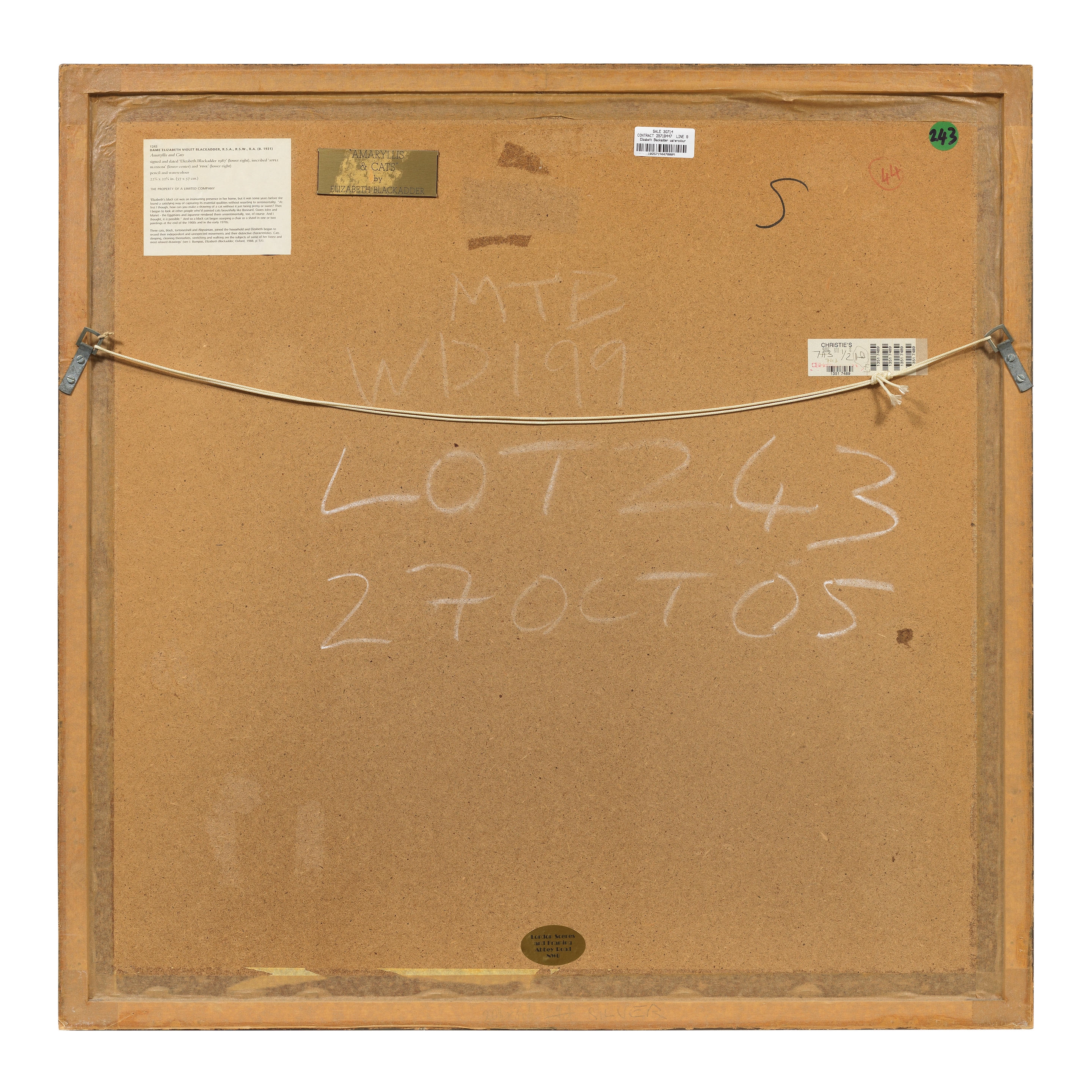 Artwork by Elizabeth Blackadder, Amaryllis and Cats 57 x 57 cm. (22 1/4 x 22 1/4 in, Made of pencil and watercolour