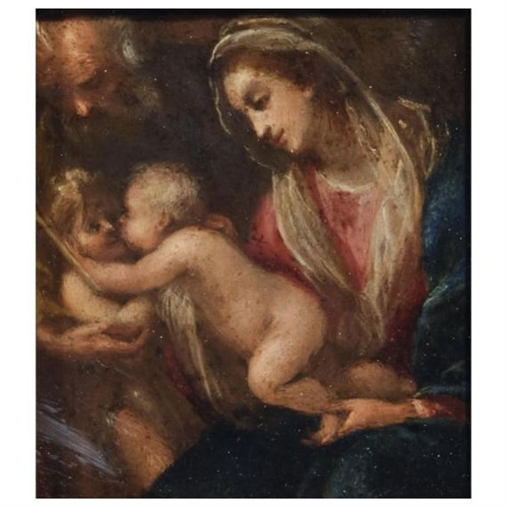 HOLY FAMILY WITH SAINT JOHN THE BAPTIST AS A CHILD - Bolognese School, 17th Century