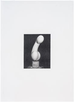 A minimalist black-and-white photograph of a smooth, curved sculpture resting on a rough cube.