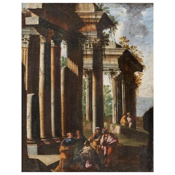 BIBLICAL SCENE WITHIN AN ARCHITECTURAL CAPRICCIO by Roman School, 17th Century, 17th century