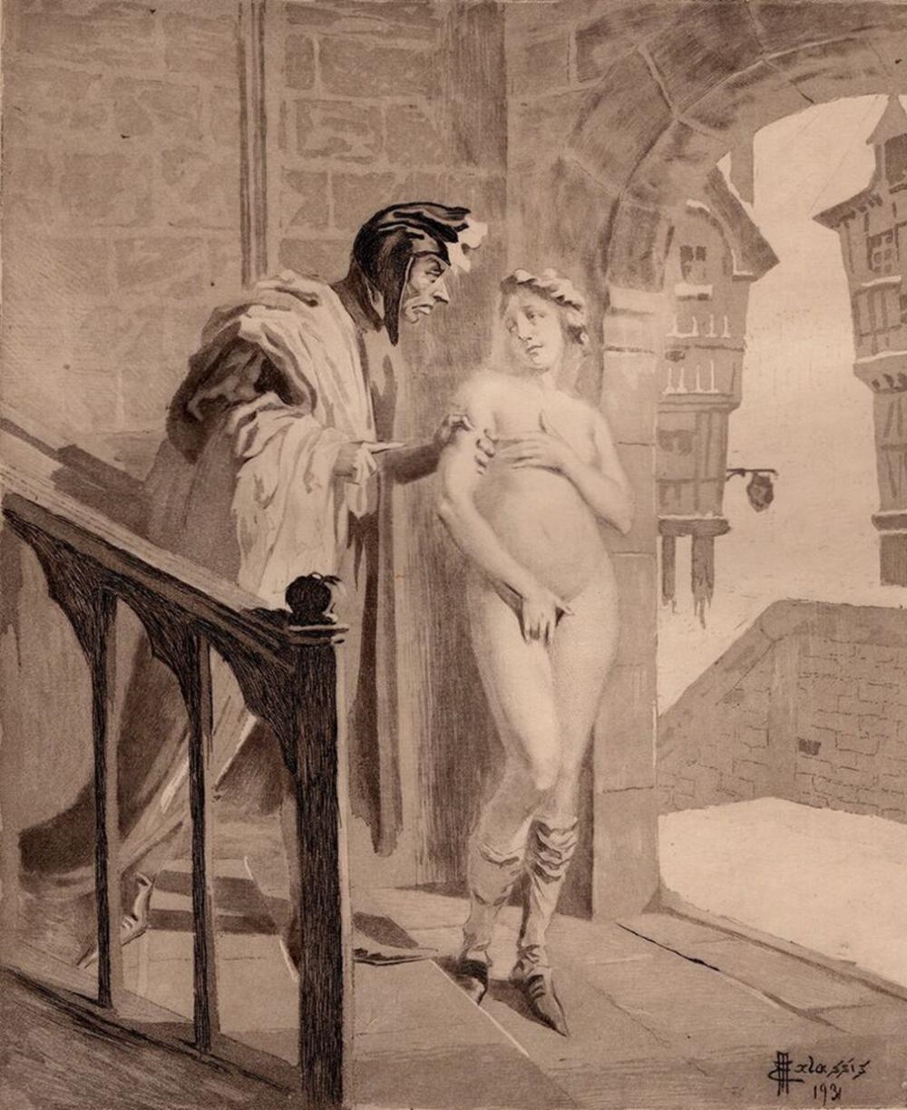 Artwork by Edmond Malassis, The Conversation III (La Conversation I, Made of Copper Plate Engraving In Black Ink On Velin Paper