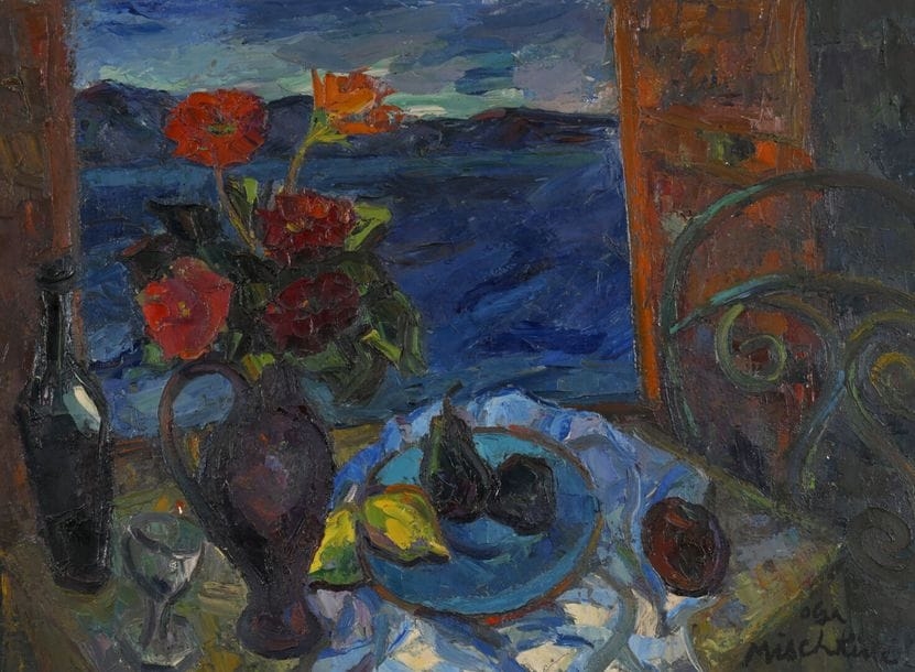 Artwork by Olga Mischkine, Still life with window on the sea, Made of Oil On Canvas