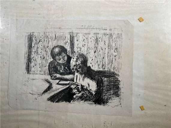 A charcoal drawing of two figures sharing a quiet moment over a table.