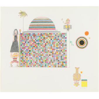 A whimsical illustration featuring a colorful mosaic wall, a figure in a dress, and floating surreal objects.