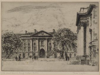 A detailed etching of a grand classical building with figures in the foreground.