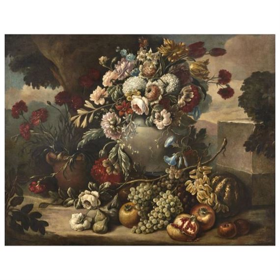STILL LIFE WITH VASE OF FLOWERS AND FRUITS by Roman School, 17th Century, 17th century